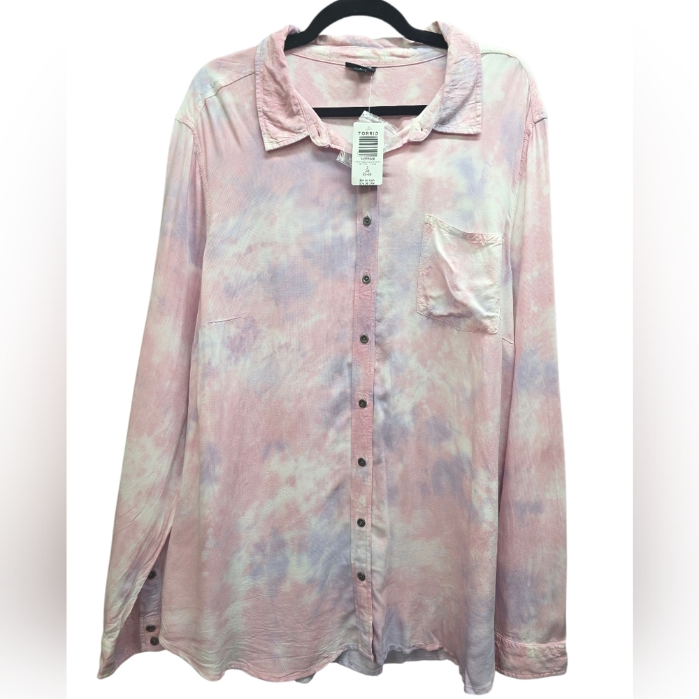 Torrid‎ 3X Pink Tie Dye Button Down Blouse Long Sleeve Rayon Plus Size Flowy NWT